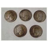 5 Washington Silver Quarters 1954