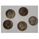 5 Washington Silver Quarters 1956