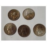 5 Washington Silver Quarters 1964