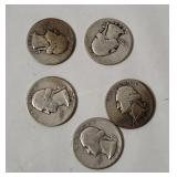 5 Washington Silver Quarters 1944