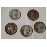 5 Washington Silver Quarters 1944