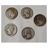 5 Washington Silver Quarters 1942