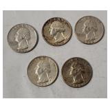 5 Washington Silver Quarters 1964