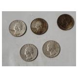 5 Washington Silver Quarters 1964