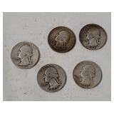 5 Washington Silver Quarters 1942