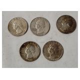 5 Washington Silver Quarters 1964