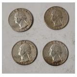 4 Washington Silver Quarters 1964