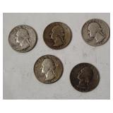5 Washington Silver Quarters 1961
