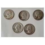 5 Washington Silver Quarters 1957