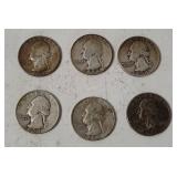 6 Washington Silver Quarters 1954