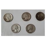 5 Washington Silver Quarters 1957