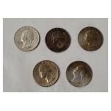 5 Washington Silver Quarters 1964