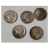5 Washington Silver Quarters 1950
