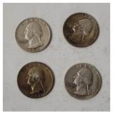 4 Washington Silver Quarters 1956-57