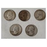 5 Washington Silver Quarters 1952