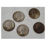 5 Washington Silver Quarters 1956