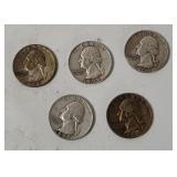 5 Washington Silver Quarters 1958