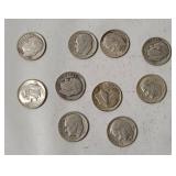 10 Roosevelt Silver Dimes, Assorted Dates