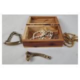 Wooden Trinket Box W/ Assorted Costume Jewelry