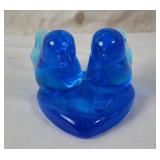 Vintage Blue Glass Love Birds W/ Heart Base