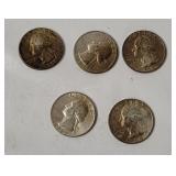 5 Washington Silver Quarters 1964