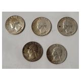 5 Washington Silver Quarters 1964