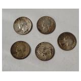 5 Washington Silver Quarters 1964