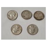 5 Washington Silver Quarters 1960's