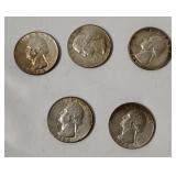 5 Washington Silver Quarters 1964