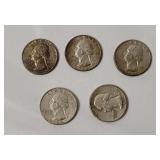 5 Washington Silver Quarters 1964