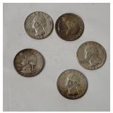 5 Washington Silver Quarters 1964