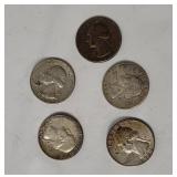 5 Washington Silver Quarters 1964