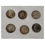 6 Washington Silver Quarters 1960's