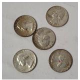 5 Washington Silver Quarters 1964