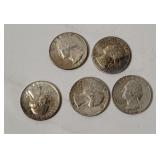 5 Washington Silver Quarters 1964