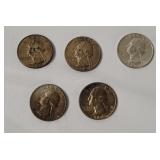 5 Washington Silver Quarters 1964