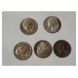 5 Washington Silver Quarters 1964