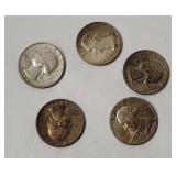 5 Washington Silver Quarters 1964