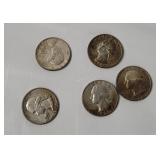 5 Washington Silver Quarters 1964