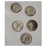 5 Washington Silver Quarters 1964