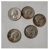 5 Washington Silver Quarters 1964
