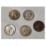 5 Washington Silver Quarters 1964