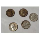 5 Washington Silver Quarters 1964