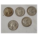 5 Washington Silver Quarters 1964
