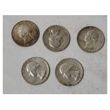 5 Washington Silver Quarters 1964