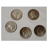 5 Washington Silver Quarters 1964