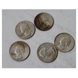 5 Washington Silver Quarters 1964