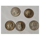 5 Washington Silver Quarters 1964