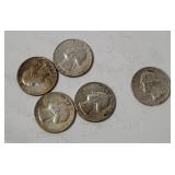 5 Washington Silver Quarters 1964