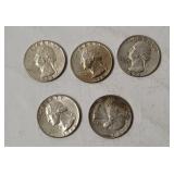 5 Washington Silver Quarters 1964